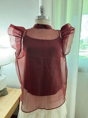 Joie Sheer Ruffle Sleeve Blouse and Cami Ser in Burgundy, L, NWOT